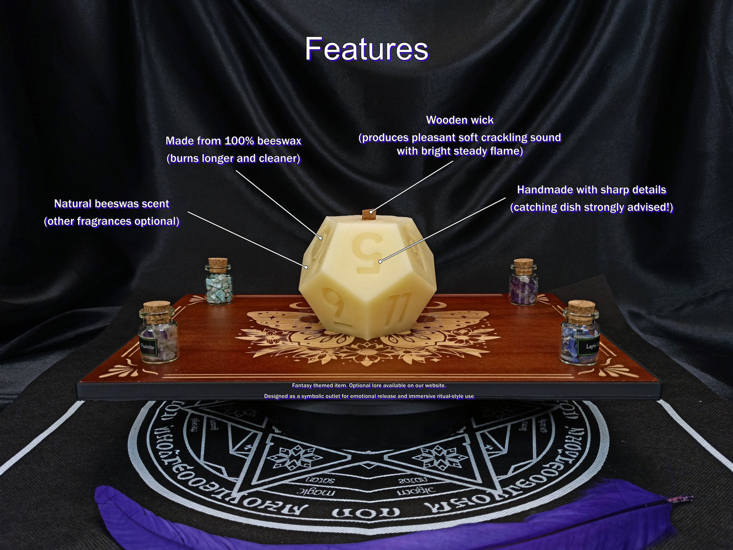 Close-up of D12 dice candle showing carved facets and wooden wick