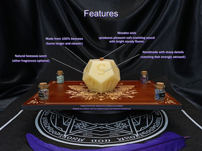 Close-up of D12 dice candle showing carved facets and wooden wick