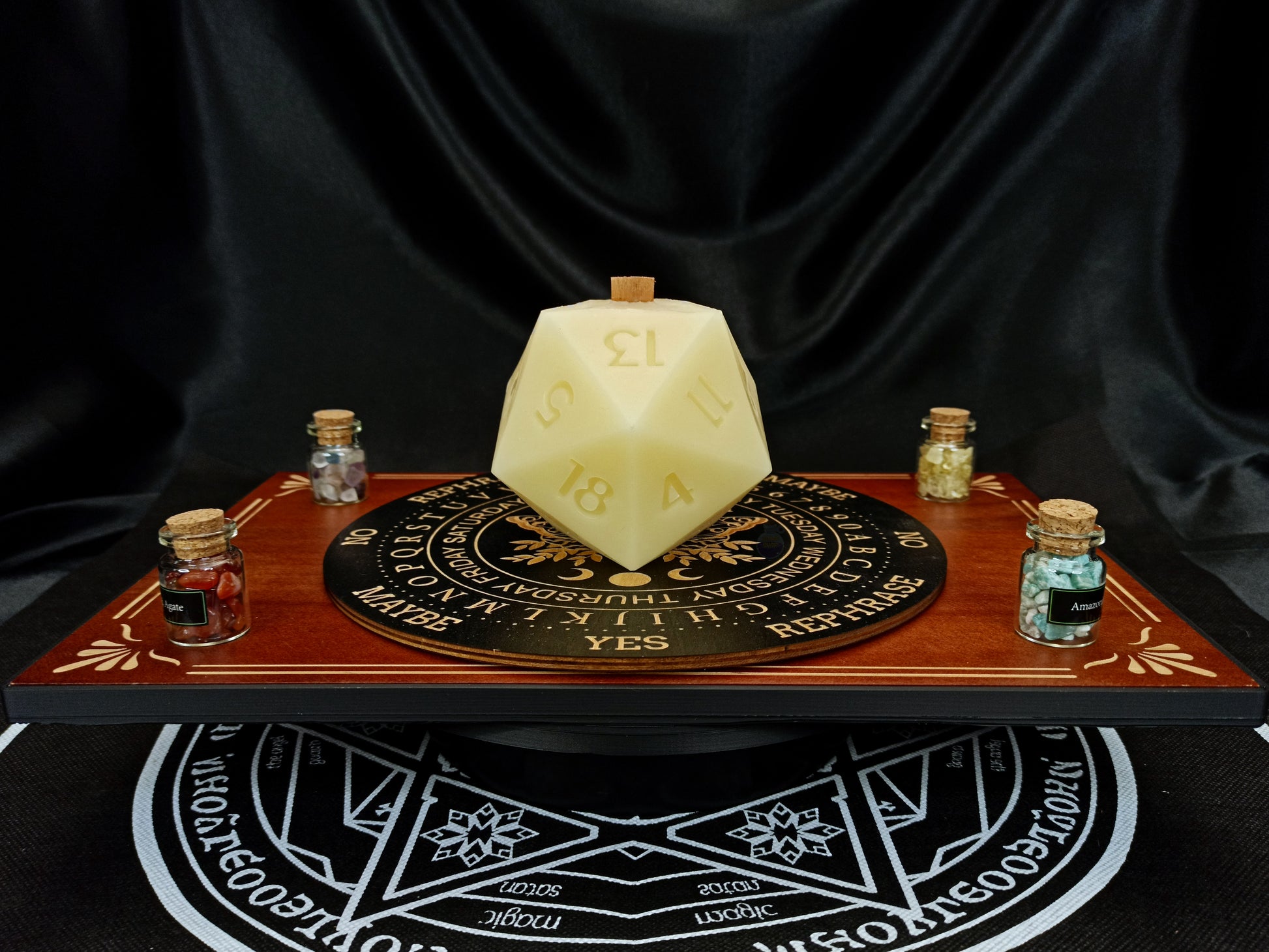 Hand-poured D20 ritual dice candle in beeswax, front view