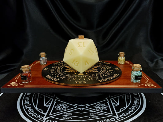 Hand-poured D20 ritual dice candle in beeswax, front view