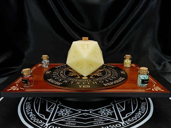 Hand-poured D20 ritual dice candle in beeswax, front view