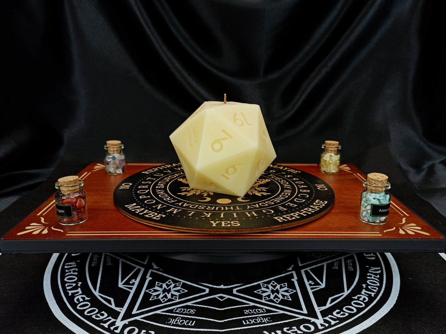 D20 ritual dice candle, side angle view
