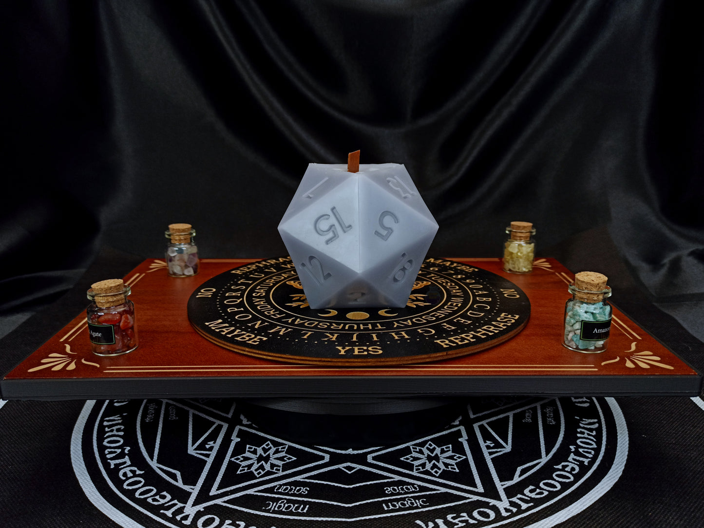 D20 ritual dice candle, angled detail view