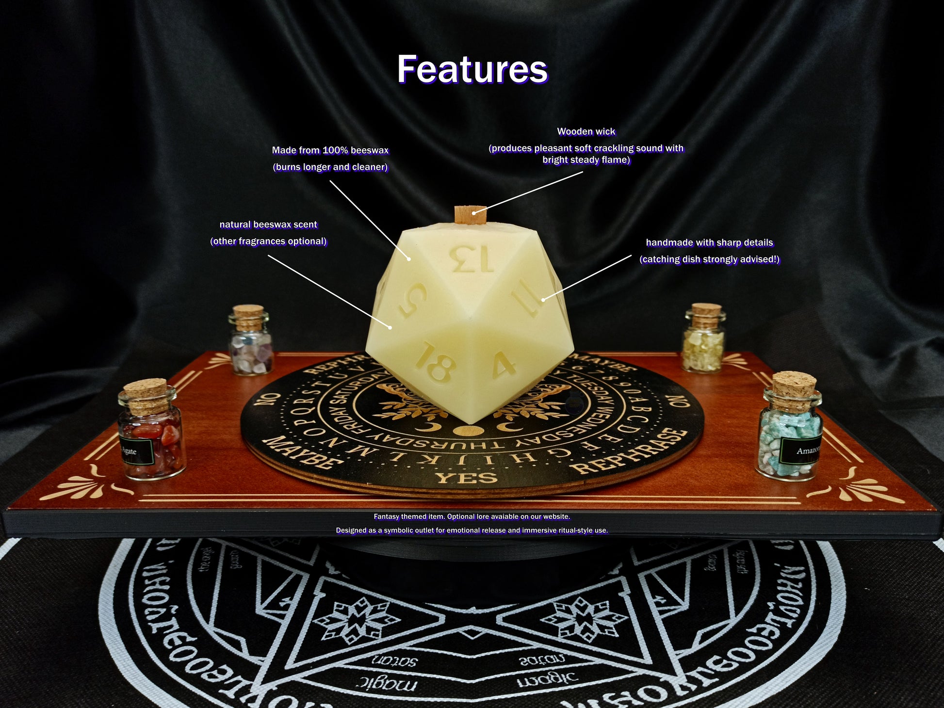 Close-up of D20 dice candle showing carved facets and wooden wick
