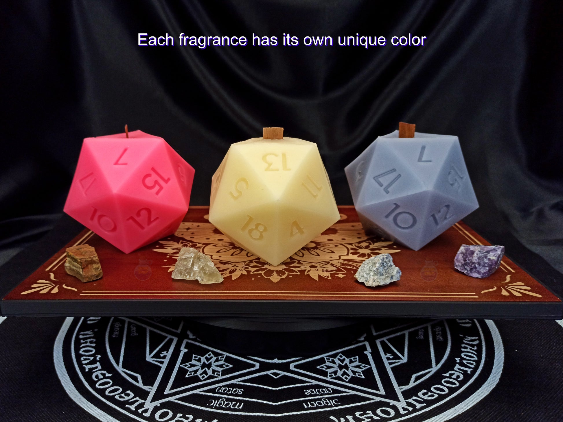 D20 candle trio showing scent options, neutral, Forbidden Cherry, Lavender Spa