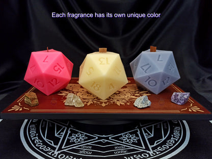 D20 candle trio showing scent options, neutral, Forbidden Cherry, Lavender Spa