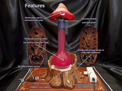 Close-up of mystical mushroom prop showing glass bottle and resin detail