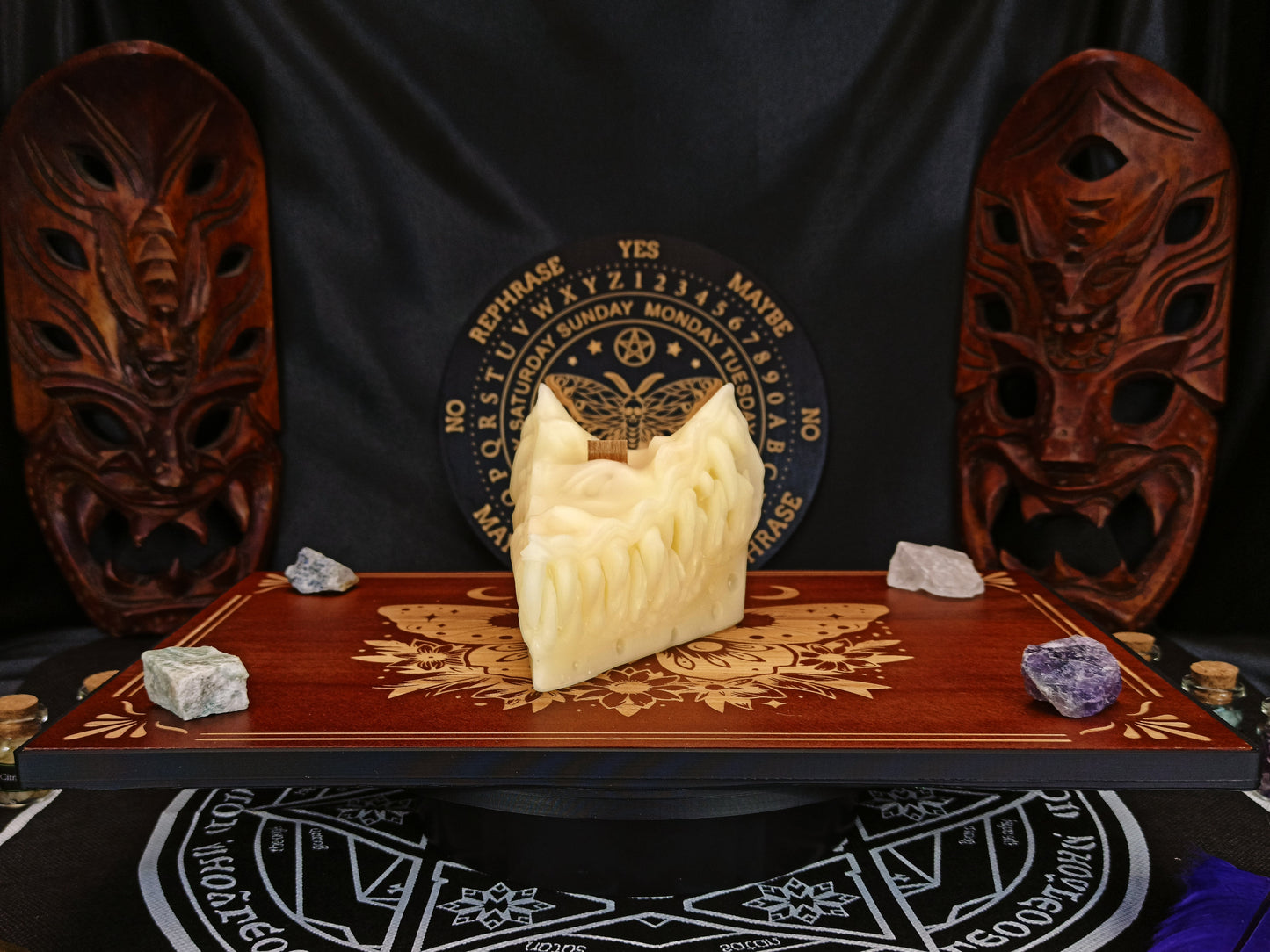 Cheese Mimic wax prop candle, front view showing mimic teeth